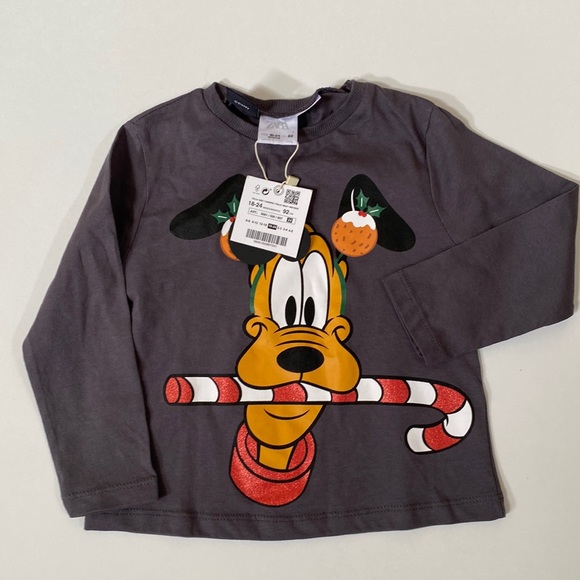 ZARA Disney Pluto Holiday Long Sleeve Gray Tee - Size 18-24 Months NWT - Picture 1 of 4
